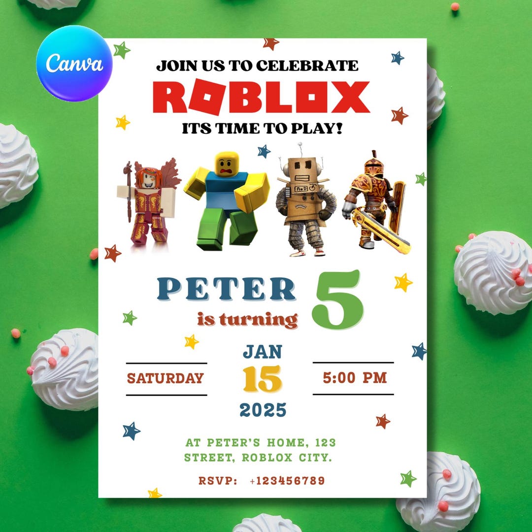 Editable Roblox White Birthday Invitation, Games Party Canva Template ...