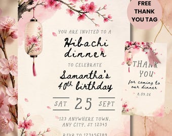 May include: A birthday invitation and matching thank you tag featuring watercolor cherry blossoms and a hanging lantern. The text reads: You are invited to a Hibachi dinner to celebrate Samantha's 40th birthday, Sat 25 Sept, 123 Anywhere Town, RSVP 123456789.