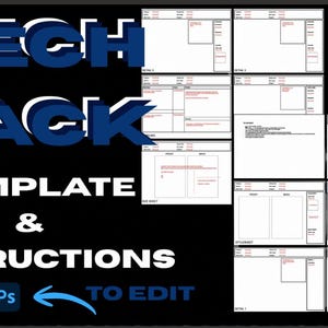 Puede incluir: Un paquete de plantillas digitales con instrucciones, con el texto "TECH PACK TEMPLATE & INSTRUCTIONS". El diseño incluye iconos para Adobe Illustrator, Canva y Photoshop, con una flecha azul que apunta a "TO EDIT". El fondo es un degradado azul oscuro.