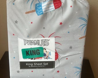 New Peanuts Snoopy Sheet Set Americana Red White Blue July 4th fireworks popsicles