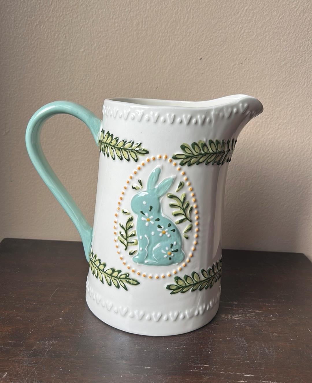 New Potters Studio Pitcher Easter Sprung Floral Bunny Rabbit Ceramic 8. ...
