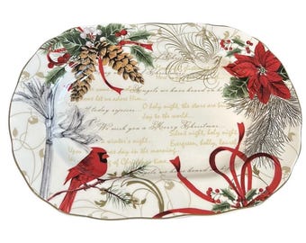 222 Fifth Christmas Poinsettia Pinecone Serving Platter New Pumpkin Red Cardinal