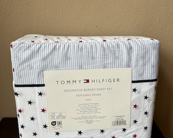 New Tommy Hilfiger Americana Queen Sheet Set Stars Stripes Cotton Percale
