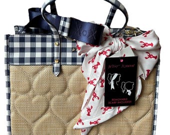 New Betsey Johnson Quilted Heart Satchel Handbag Gingham Trim Lobster Scarf