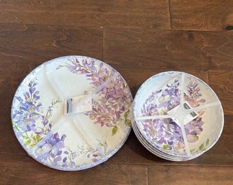 New Farmhouse Rachel Ashwell Melamine 8 Pc Dinnerware Set Lavender Purple Floral