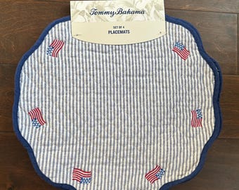 New Tommy Bahama 4 Red White Blue  Placemats Quilted Americana Flag 4th July