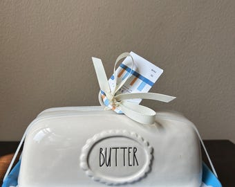 New Rae Dunn Butter Dish Blue Off White Ceramic