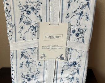 New Shabby Chic Easter Tablecloth 60”x120” Bunny Blue White Floral