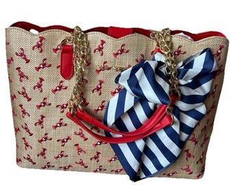 New Betsey Johnson Lobster Print Nautical Shoulder Tote Handbag Striped Scarf