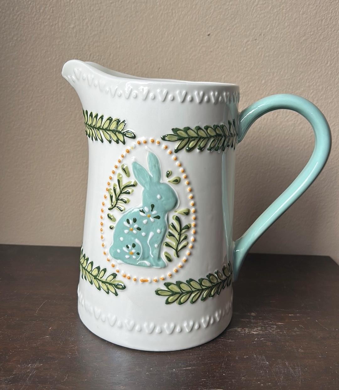 New Potters Studio Pitcher Easter Sprung Floral Bunny Rabbit Ceramic 8. ...