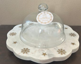 New Marble Cake Platter With Dome Snowflake Design Christmas