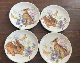 New Set Of 4 Easter Appetizer Dessert  Plates Bunny Rabbit Floral Spring 6”