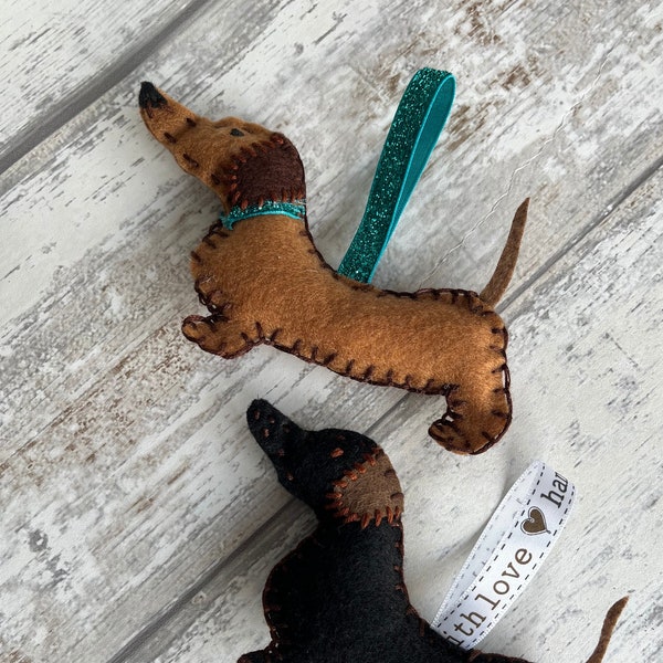 Handmade Dachshund - padded, felt, hanging sausage dog decoration - perfect gift for dog lover, key ring, bag-charm, tree decoration etc