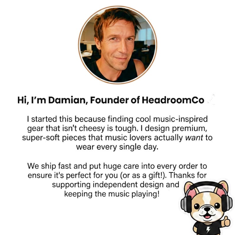 May include: A circular portrait of a person with short brown hair, followed by text introducing Damian, the founder of HeadroomCo, and a cartoon illustration of a tan French bulldog wearing black headphones and giving a thumbs up gesture.