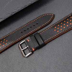 Black Epsom Leather Watch Strap 20mm 22mm Racing Rally Style Orange Stitching Replacement Band Sport Watch Gift For Him Handmade Custom Band image 13