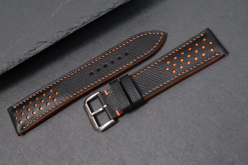 Black Epsom Leather Watch Strap 20mm 22mm Racing Rally Style Orange Stitching Replacement Band Sport Watch Gift For Him Handmade Custom Band image 13