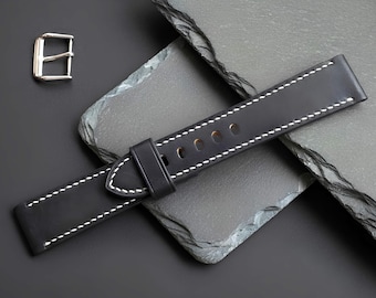 Luxury Black Leather Watch Band for Panerai – Handmade Tapered Cowhide Strap, Vegetable Tanned Custom Watch Strap Gift for Him