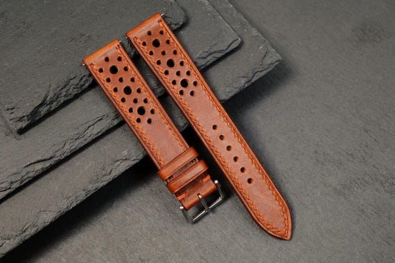 Cognac Brown Cowhide Racing Watch Strap 18mm 20mm 22mm 24mm Perforated Leather Watch Band Handmade Rally Strap for Sport Watch Gift for Him