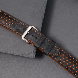 Black Epsom Leather Watch Strap 20mm 22mm Racing Rally Style Orange Stitching Replacement Band Sport Watch Gift For Him Handmade Custom Band image 15