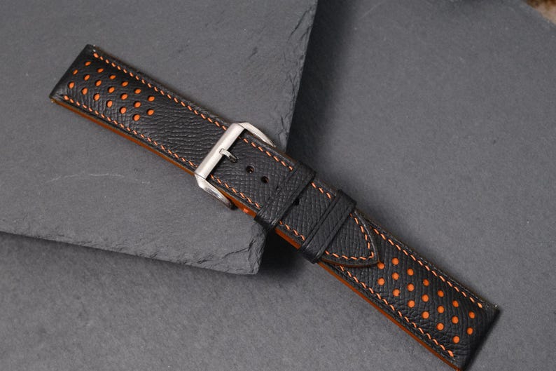 Black Epsom Leather Watch Strap 20mm 22mm Racing Rally Style Orange Stitching Replacement Band Sport Watch Gift For Him Handmade Custom Band image 15