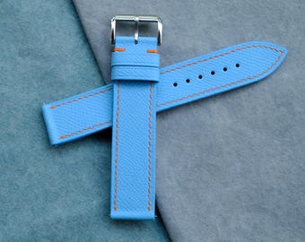 Blue Epsom Leather Watch Strap – Handcrafted Custom Band, Italian Premium Leather, Personalized Engraving Available, Fits Watches 16mm–26mm