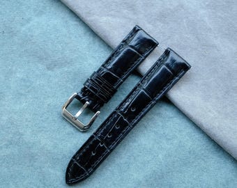 Black Glossy Alligator Leather Watch Strap, Handmade Custom Band, Made to Your Request, Personalized Watch Strap 14mm 15mm ... 25mm 26mm