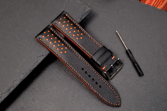 Black Epsom Leather Watch Strap 20mm 22mm Racing Rally Style Orange Stitching Replacement Band Sport Watch Gift For Him Handmade Custom Band