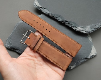 Custom Waxed Cowhide Watch Strap in Dark Brown – Handcrafted Leather Band