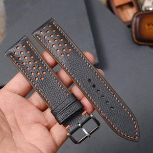 Black Epsom Leather Watch Strap 20mm 22mm Racing Rally Style Orange Stitching Replacement Band Sport Watch Gift For Him Handmade Custom Band image 11