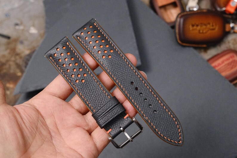 Black Epsom Leather Watch Strap 20mm 22mm Racing Rally Style Orange Stitching Replacement Band Sport Watch Gift For Him Handmade Custom Band image 11