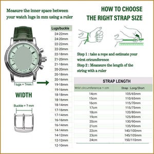 May include: Diagram showing how to measure watch strap size. Includes a watch, buckle, and ruler. Text explains measuring lug width and wrist circumference in mm and cm to determine strap length. Measurements are in metric.