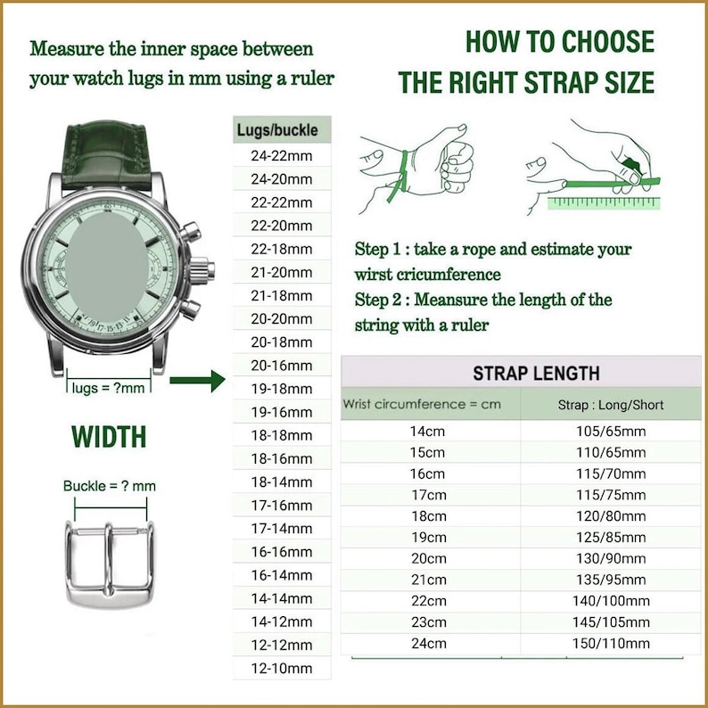 May include: Diagram showing how to measure watch strap size. Includes a watch, buckle, and ruler. Text explains measuring lug width and wrist circumference in mm and cm to determine strap length. Measurements are in metric.