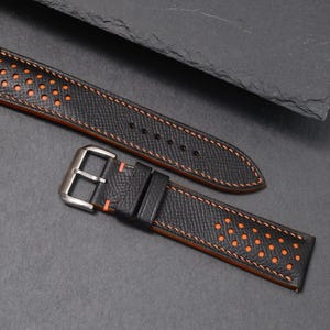 Black Epsom Leather Watch Strap 20mm 22mm Racing Rally Style Orange Stitching Replacement Band Sport Watch Gift For Him Handmade Custom Band image 14