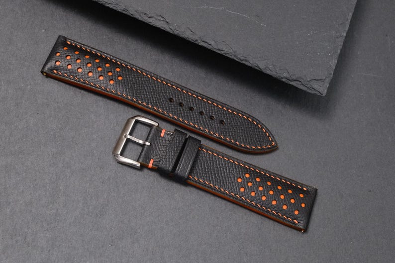 Black Epsom Leather Watch Strap 20mm 22mm Racing Rally Style Orange Stitching Replacement Band Sport Watch Gift For Him Handmade Custom Band image 14