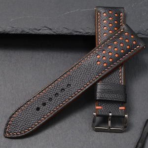 Black Epsom Leather Watch Strap 20mm 22mm Racing Rally Style Orange Stitching Replacement Band Sport Watch Gift For Him Handmade Custom Band image 8
