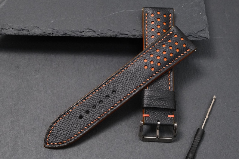 Black Epsom Leather Watch Strap 20mm 22mm Racing Rally Style Orange Stitching Replacement Band Sport Watch Gift For Him Handmade Custom Band image 8