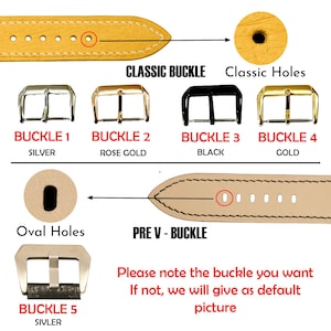 May include: Image detailing watch strap components, with classic and pre-V buckles. Buckle styles are shown in silver, rose gold, black, and gold. Text provides options and default selection information. Includes classic and oval hole designs.
