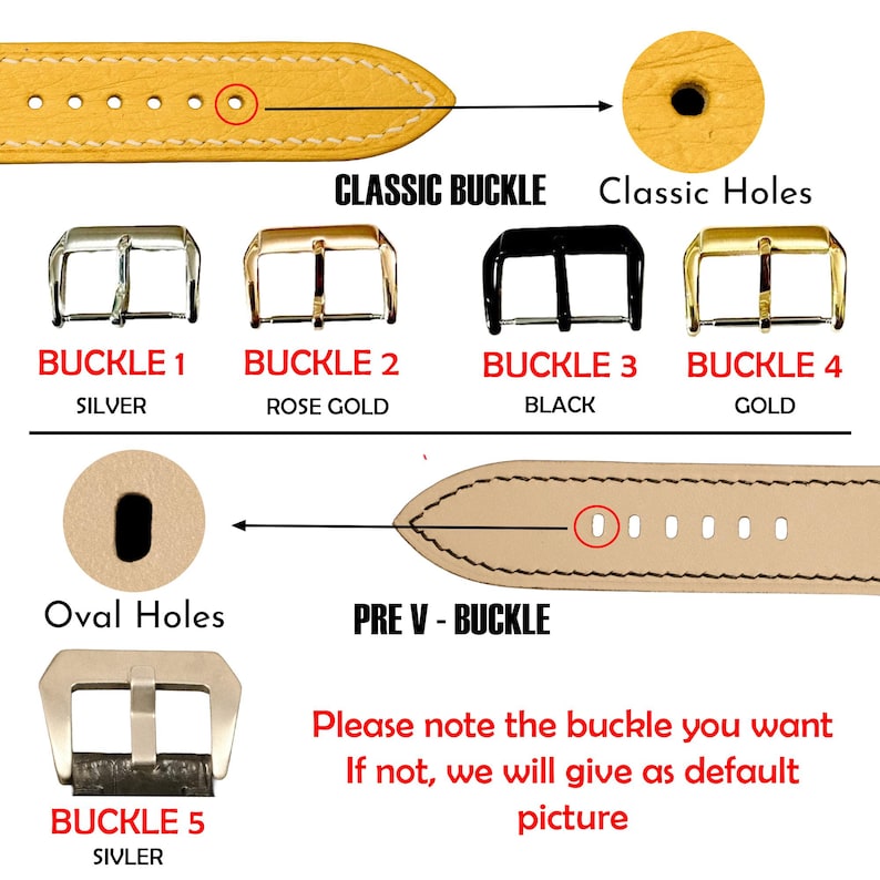 May include: Image detailing watch strap components, with classic and pre-V buckles. Buckle styles are shown in silver, rose gold, black, and gold. Text provides options and default selection information. Includes classic and oval hole designs.