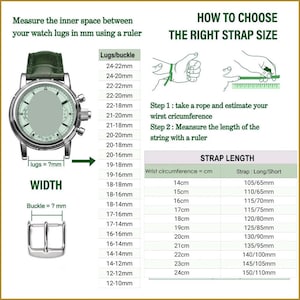 K&ouml;nnte beinhalten: Diagramm zur Messung der Armbandgr&ouml;&szlig;e. Enth&auml;lt eine Uhr, eine Schnalle und ein Lineal. Der Text erkl&auml;rt das Messen der Stegbreite und des Handgelenkumfangs in mm und cm, um die Armbandl&auml;nge zu bestimmen.