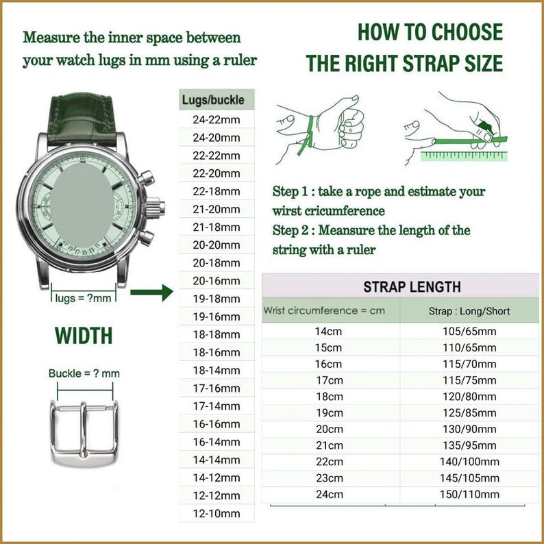 K&ouml;nnte beinhalten: Diagramm zur Messung der Armbandgr&ouml;&szlig;e. Enth&auml;lt eine Uhr, eine Schnalle und ein Lineal. Der Text erkl&auml;rt das Messen der Stegbreite und des Handgelenkumfangs in mm und cm, um die Armbandl&auml;nge zu bestimmen.