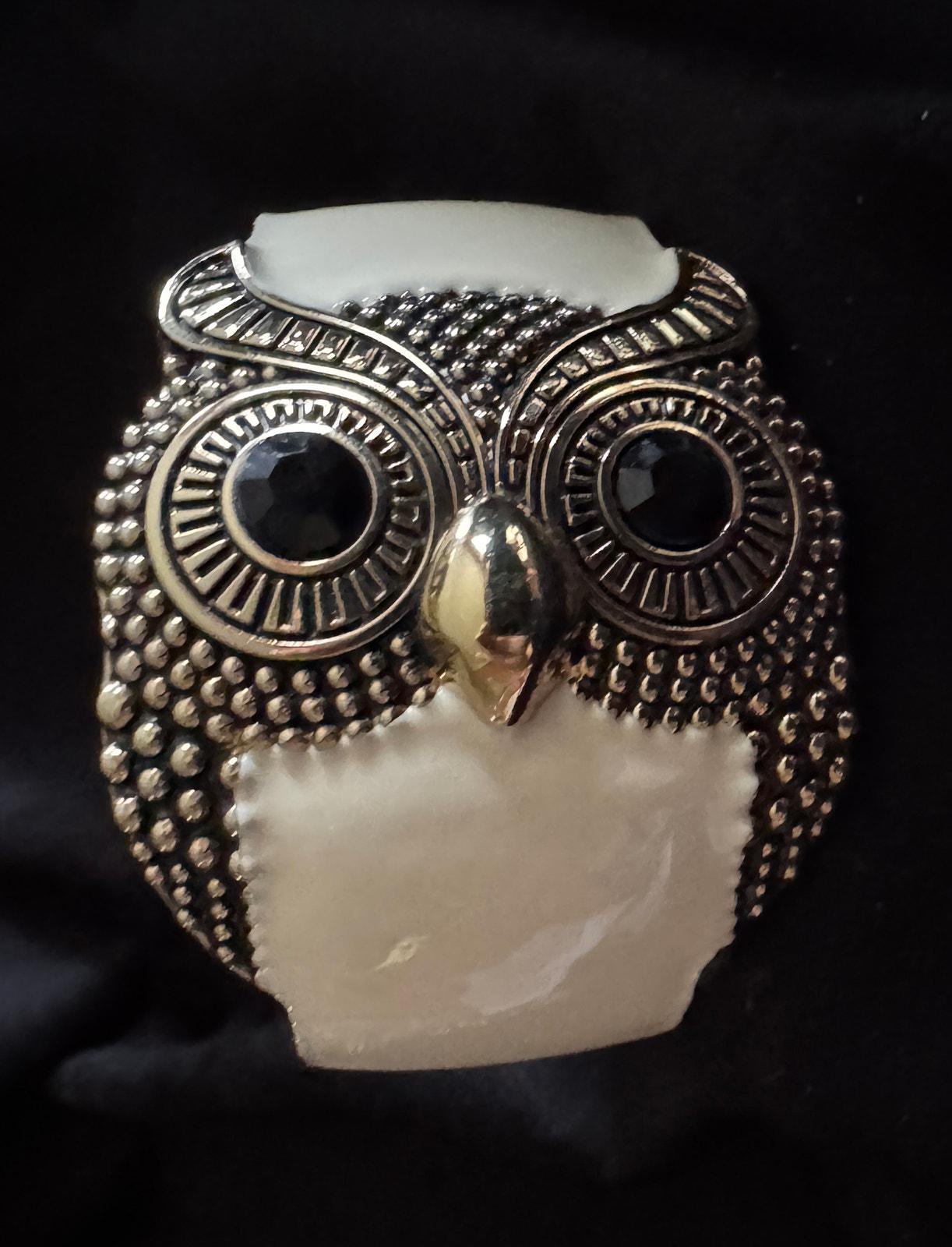 Wide Owl Hinged Cuff Bracelet Silver Tone Enamel Black Eyes 2&rdquo; Statement B031