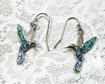 Silver Tone Turquoise Hummingbird Drop Earrings 2 Inch Dangle Bird E295