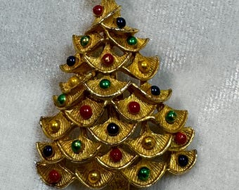 Vintage Gold Tone Christmas Tree Brooch Pin Colorful Ornaments 2.5" CP176