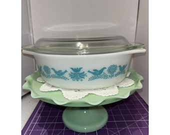 Cacerola ovalada promocional Pyrex Turquoise Blue Bird de 1 1/2 cuartos con tapa
