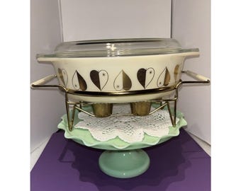 Vintage PYREX Golden Hearts reklamgryta 045 2 1/2 Qt med ljusvärmare