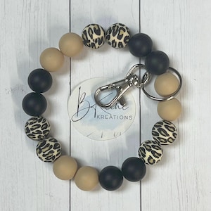 Leopard Cheetah Print Tan Black  - Silicone Wristlet - Bead Keychain - Bangle Keychain- Key Ring - Beaded Keychain - Silicone Keychain