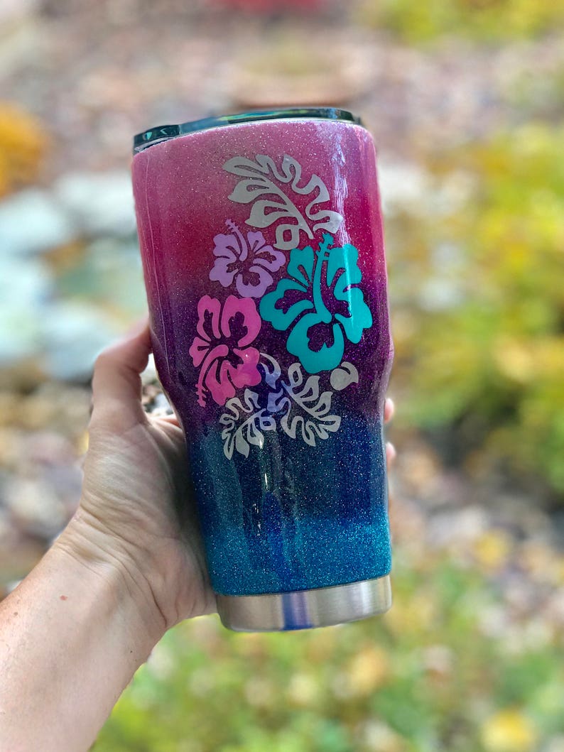 Hibiscus Glitter Tumbler Stainless Tumbler Personalized Etsy