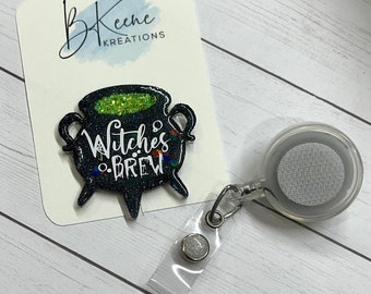 CAULDRON WITCH Badge Reel - Black - Glitter - Swivel Clip - Interchangeable