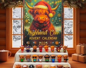 Highland Cow Advent Calendar  : 24 christmad 3D figures, scottish farm decoration