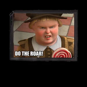 Op de afbeelding: Een digitale afbeelding met een personage uit de animatiefilm Shrek. Het personage, een jongen, draagt een bruine hoed en outfit, met de tekst "DO THE ROAR!" in het wit. Hij houdt een rood-witte swirl lolly vast.